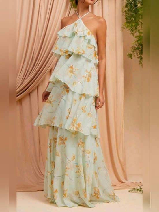Boutique Dresses & Skirts - New Tiered Chiffon Ruffle Halter Maxi Dress Backless Floral Green